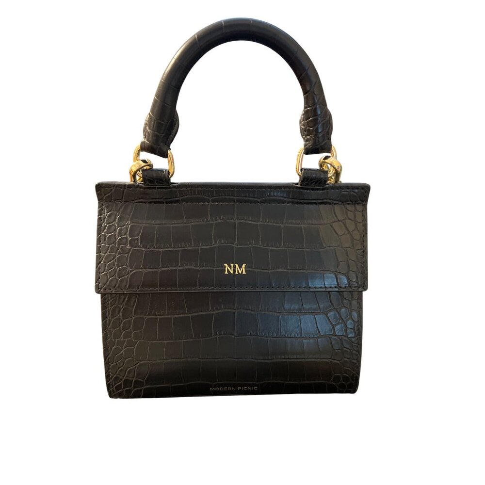Modern Picnic Black Vegan Leather Lunch Bag Box Croc Embossed Crossbody NWOT